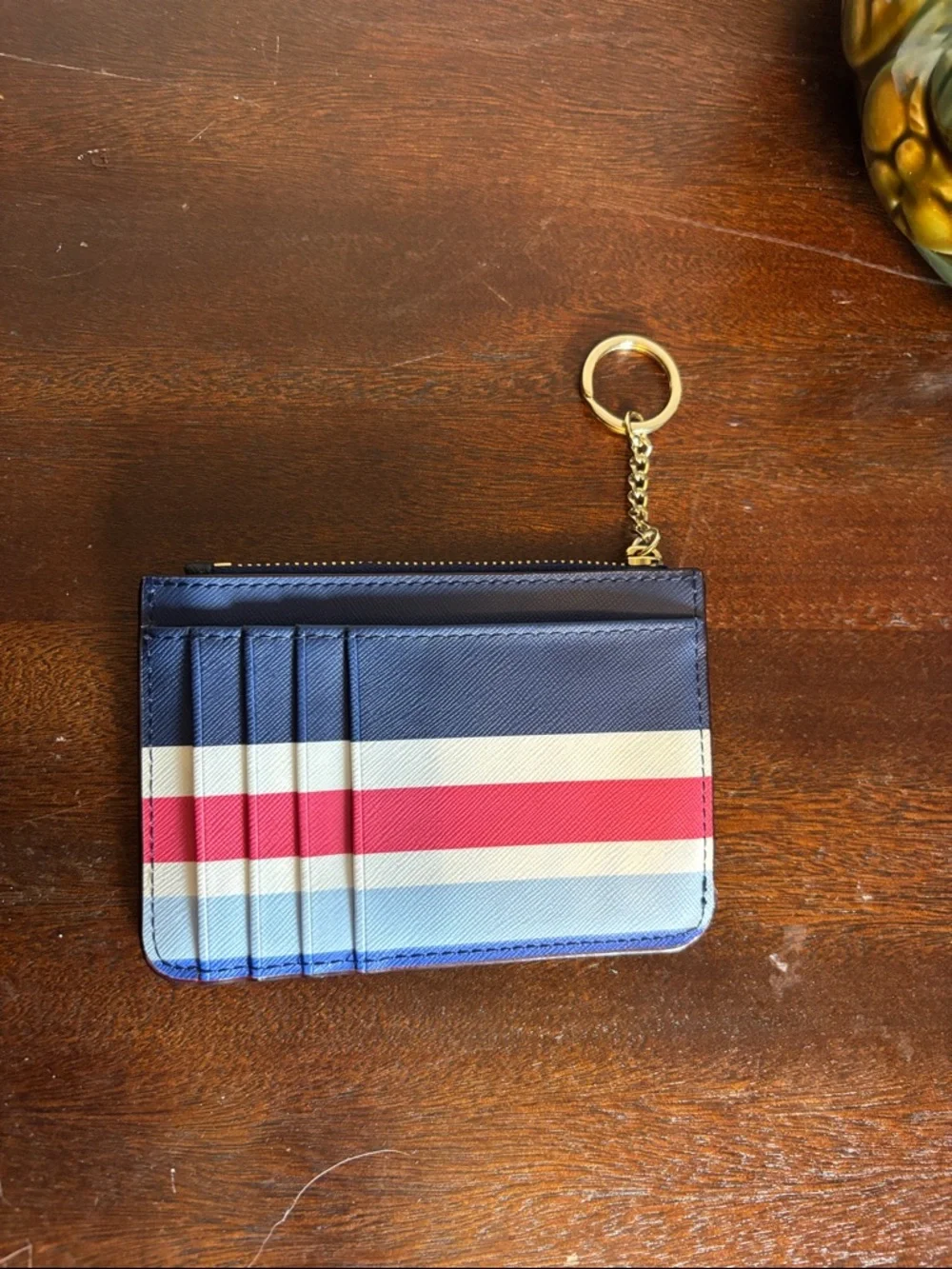 kate spade Blue, White & Black Striped Leather Zip Card Case with Key Ring - Picture 2 of 4